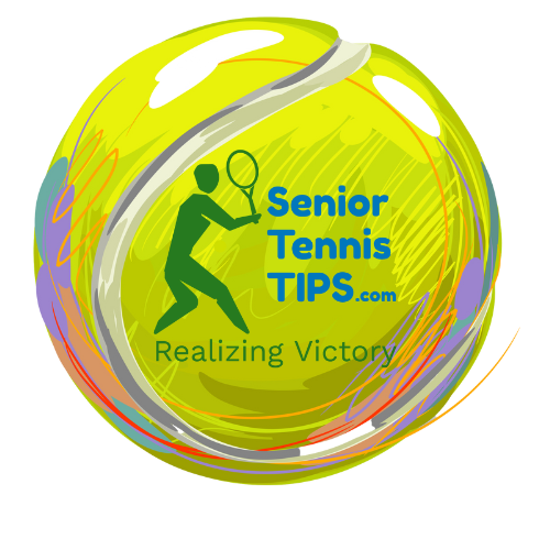 Stylized graphic of a tennis ball with the Senior Tennis TIPS logo and purpose of Realizing Victory